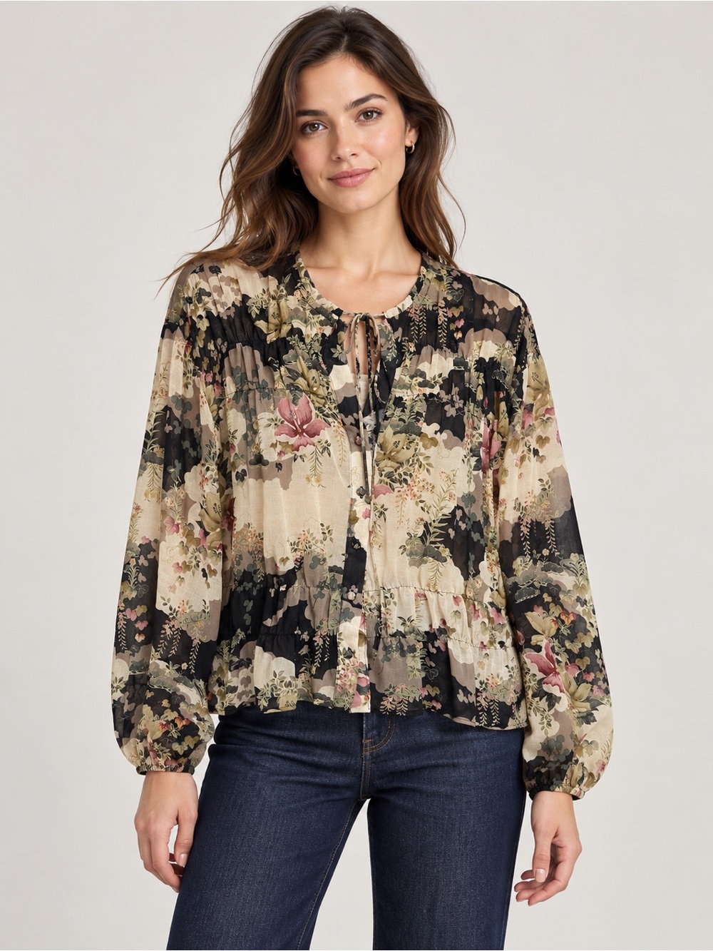 Mango MNG Floral Tie Neck Button Front Boho Blouse Size M